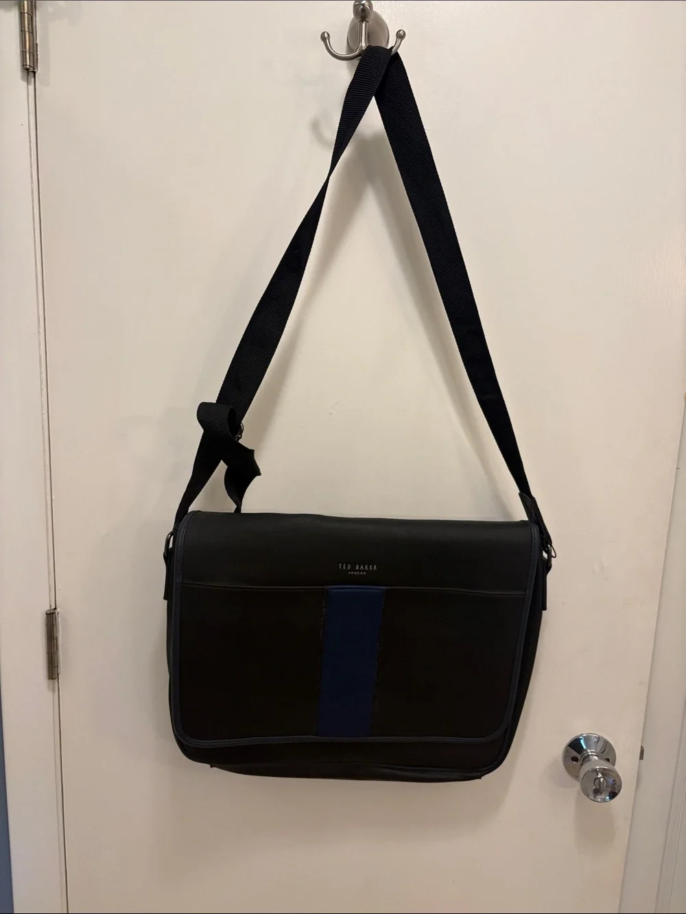 Ted Baker Black Messenger Bag with Navy Center Stripe